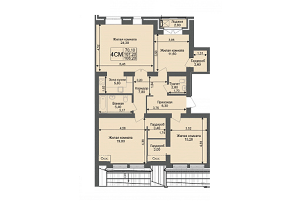 4-комнатная квартира 107,02 м² в ЖК Онега. Планировка