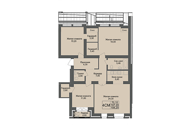 4-комнатная квартира 107,20 м² в ЖК Онега. Планировка