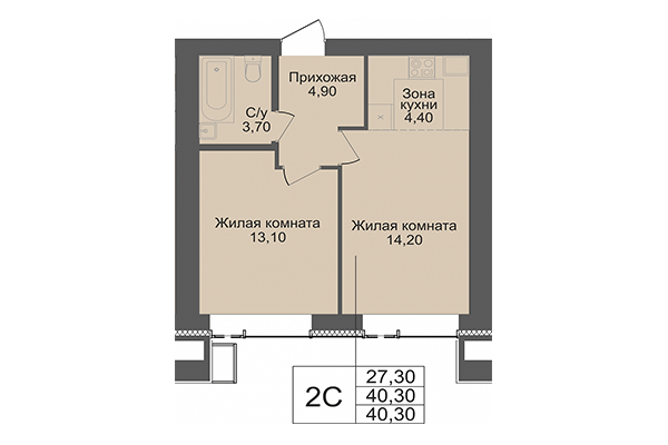 2-комнатная квартира 40,30 м² в ЖК Онега. Планировка