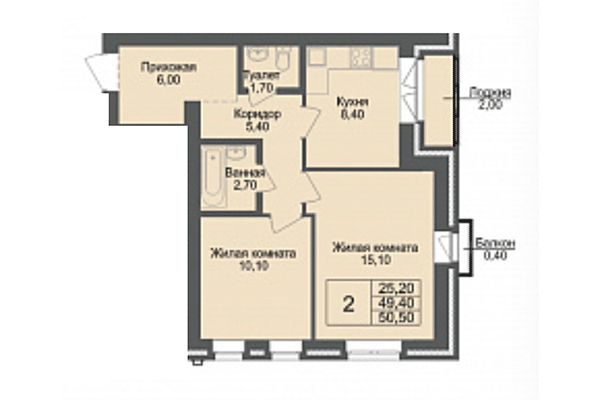 2-комнатная квартира 49,40 м² в ЖК Онега. Планировка