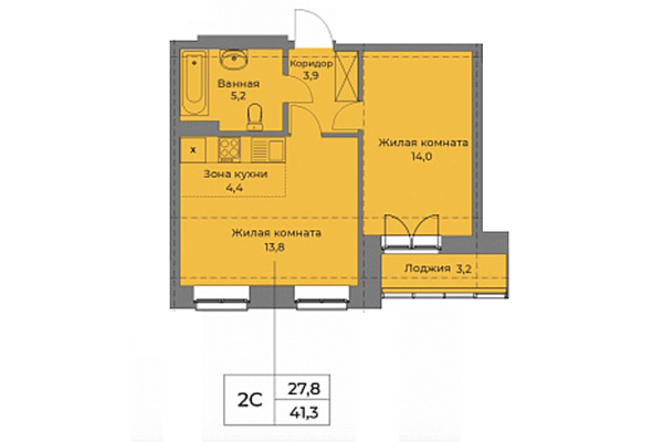 2-комнатная квартира 41,30 м² в ЖК Солнечные часы. Планировка