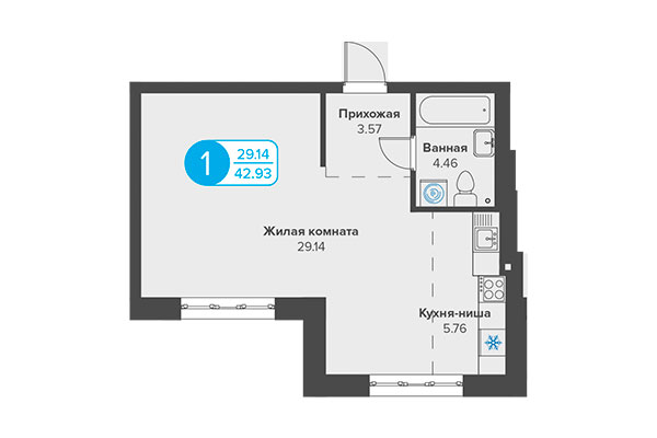 1-комнатная квартира 42,93 м² в ЖК Огни Сибири. Планировка