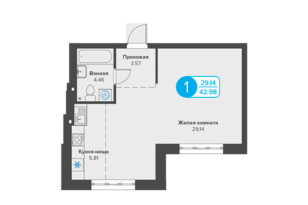 1-комнатная квартира 42,98 м² в ЖК Огни Сибири. Планировка
