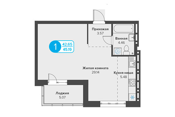 1-комнатная квартира 45,19 м² в ЖК Огни Сибири. Планировка