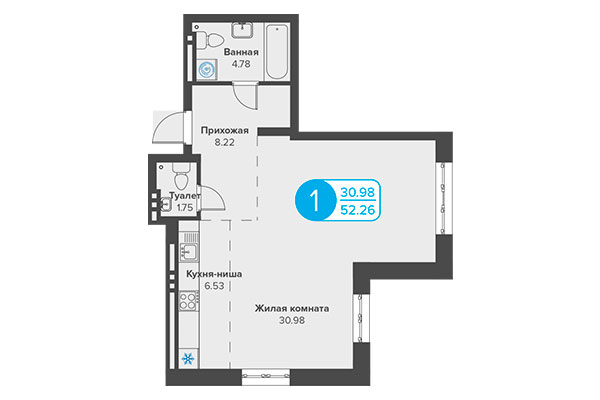 1-комнатная квартира 52,26 м² в ЖК Огни Сибири. Планировка