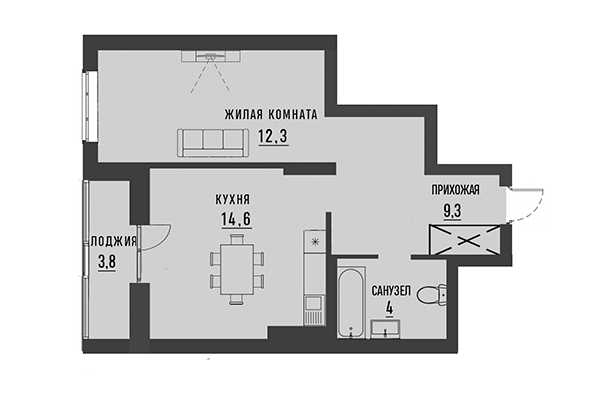 1-комнатная квартира 42,17 м² в ЖК Академия. Планировка