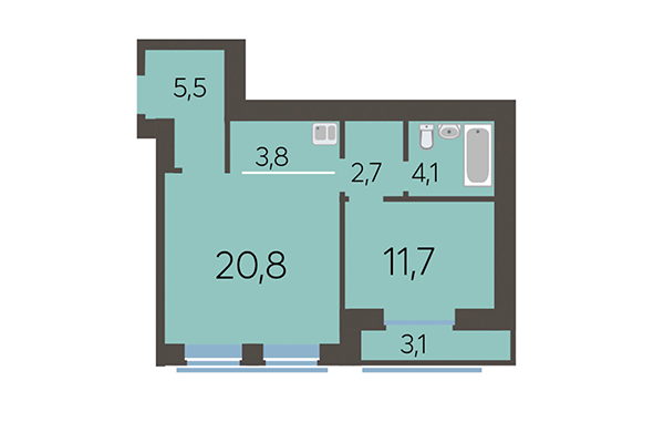2-комнатная квартира 50,20 м² в ЖК Академия. Планировка