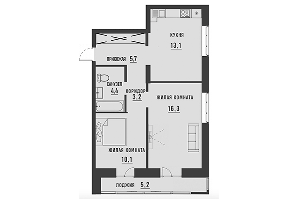 2-комнатная квартира 55,68 м² в ЖК Академия. Планировка