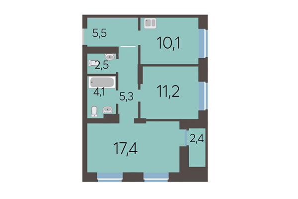 2-комнатная квартира 57,60 м² в ЖК Академия. Планировка