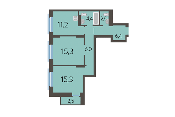 2-комнатная квартира 62,20 м² в ЖК Академия. Планировка