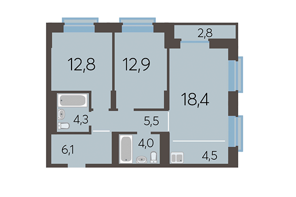 3-комнатная квартира 70,04 м² в ЖК Академия. Планировка