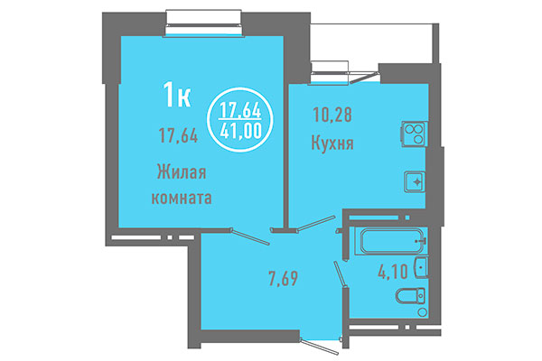 1-комнатная квартира 41,00 м² в ЖК Дианит. Планировка