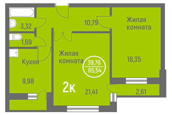 2-комнатная квартира 65,54 м² в ЖК Дианит. Планировка