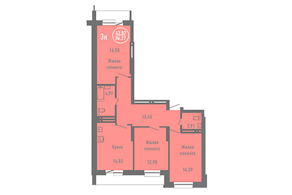 3-комнатная квартира 86,27 м² в ЖК Дианит. Планировка