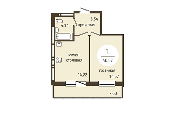 1-комнатная квартира 40,57 м² в ЖК Оникс. Планировка