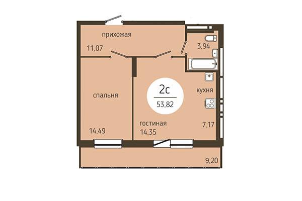2-комнатная квартира 53,82 м² в ЖК Оникс. Планировка