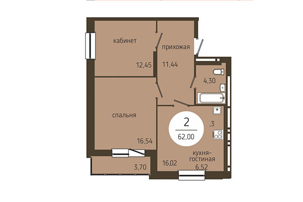 2-комнатная квартира 62,00 м² в ЖК Оникс. Планировка