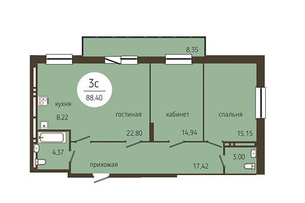 3-комнатная квартира 88,40 м² в ЖК Оникс. Планировка