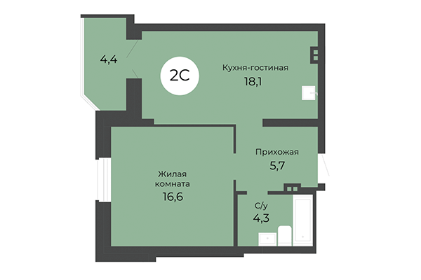 2-комнатная квартира 46,90 м² в ЖК Топаз. Планировка