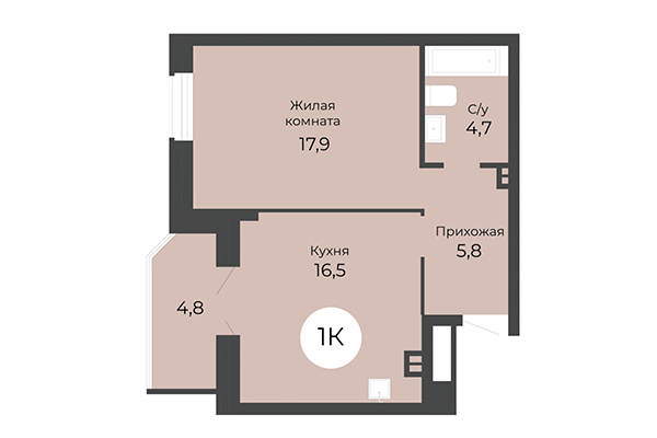 1-комнатная квартира 47,50 м² в ЖК Топаз. Планировка