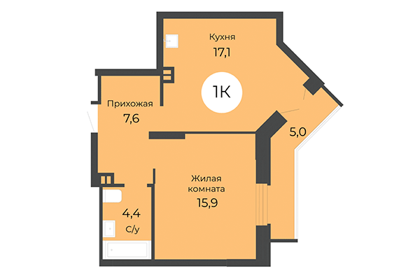 1-комнатная квартира 47,80 м² в ЖК Топаз. Планировка