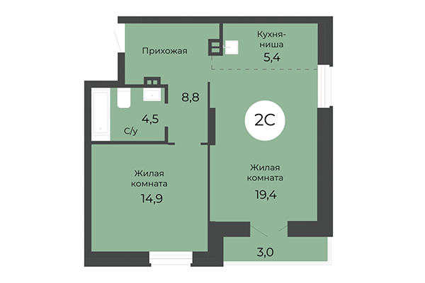 2-комнатная квартира 54,70 м² в ЖК Топаз. Планировка