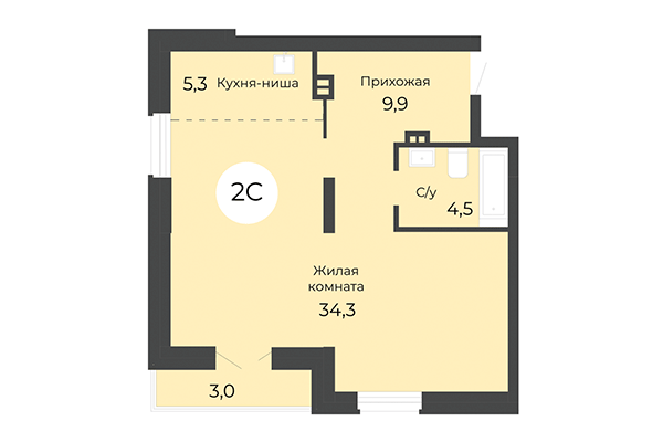 2-комнатная квартира 55,70 м² в ЖК Топаз. Планировка