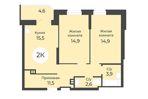 2-комнатная квартира 65,70 м² в ЖК Топаз. Планировка