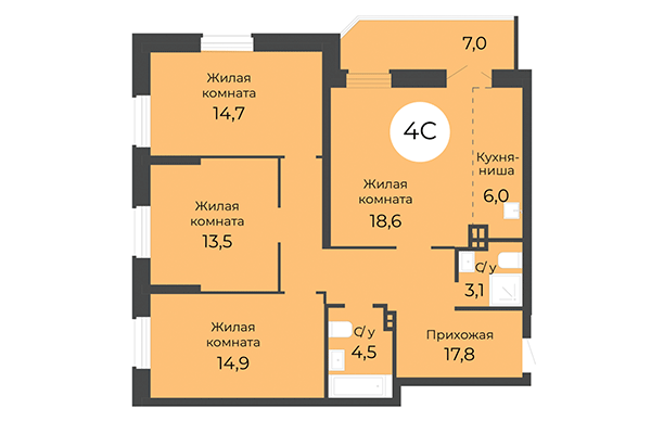 4-комнатная квартира 96,70 м² в ЖК Топаз. Планировка