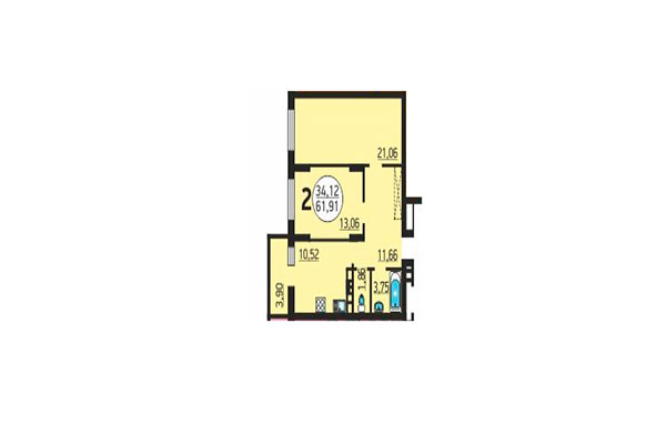 2-комнатная квартира 61,91 м² в ЖК 25 Лет Октября. Планировка