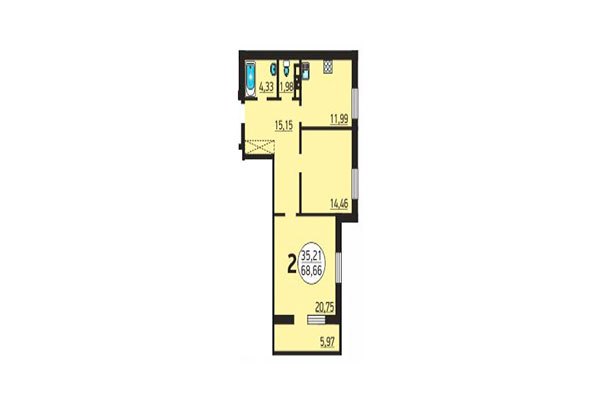 2-комнатная квартира 68,66 м² в ЖК 25 Лет Октября. Планировка