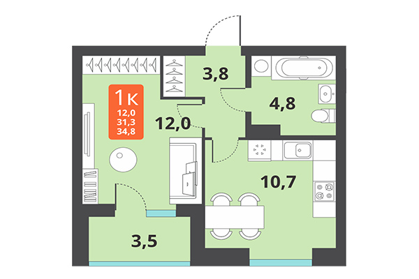 1-комнатная квартира 34,08 м² в ЖК Тайгинский парк. Планировка