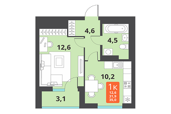 1-комнатная квартира 35,00 м² в ЖК Тайгинский парк. Планировка