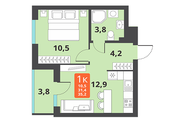 1-комнатная квартира 35,20 м² в ЖК Тайгинский парк. Планировка