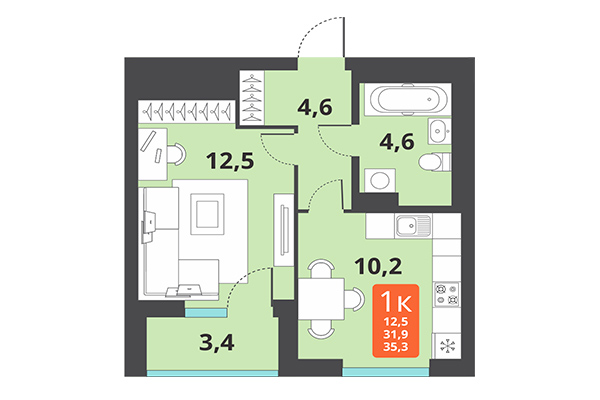 1-комнатная квартира 35,30 м² в ЖК Тайгинский парк. Планировка