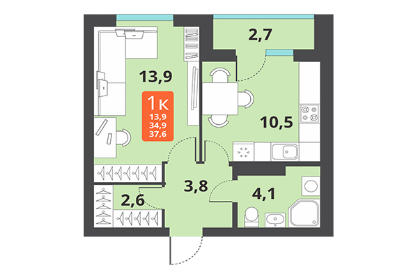 1-комнатная квартира 37,60 м² в ЖК Тайгинский парк. Планировка