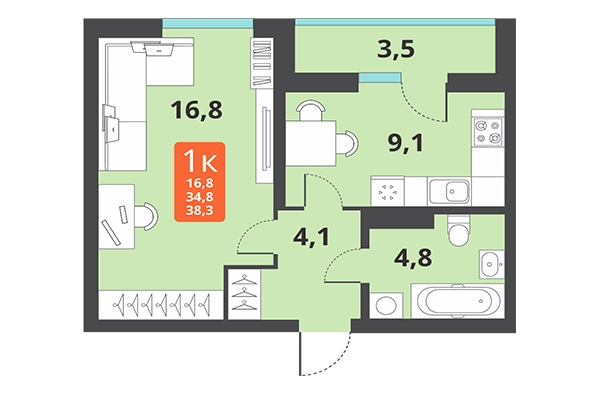 1-комнатная квартира 38,03 м² в ЖК Тайгинский парк. Планировка