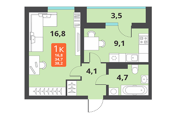 1-комнатная квартира 38,20 м² в ЖК Тайгинский парк. Планировка