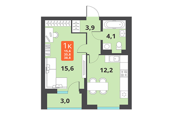 1-комнатная квартира 38,80 м² в ЖК Тайгинский парк. Планировка