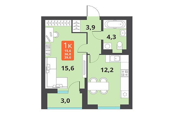1-комнатная квартира 39,00 м² в ЖК Тайгинский парк. Планировка
