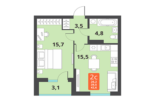 2-комнатная квартира 42,60 м² в ЖК Тайгинский парк. Планировка