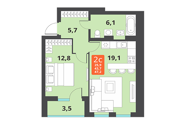 2-комнатная квартира 47,20 м² в ЖК Тайгинский парк. Планировка