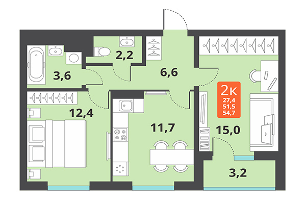 2-комнатная квартира 54,70 м² в ЖК Тайгинский парк. Планировка