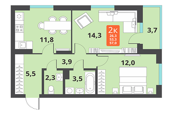 2-комнатная квартира 57,00 м² в ЖК Тайгинский парк. Планировка