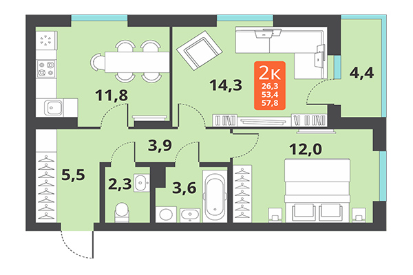 2-комнатная квартира 57,80 м² в ЖК Тайгинский парк. Планировка
