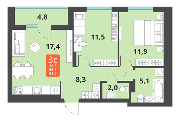 3-комнатная квартира 61,00 м² в ЖК Тайгинский парк. Планировка