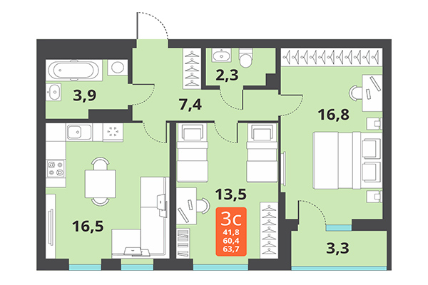 3-комнатная квартира 63,70 м² в ЖК Тайгинский парк. Планировка