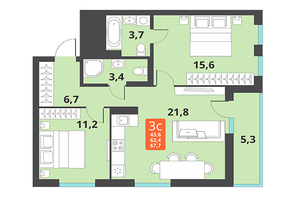 3-комнатная квартира 67,70 м² в ЖК Тайгинский парк. Планировка