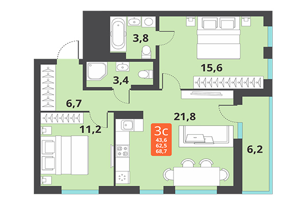 3-комнатная квартира 68,70 м² в ЖК Тайгинский парк. Планировка