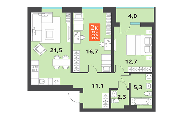 2-комнатная квартира 73,60 м² в ЖК Тайгинский парк. Планировка